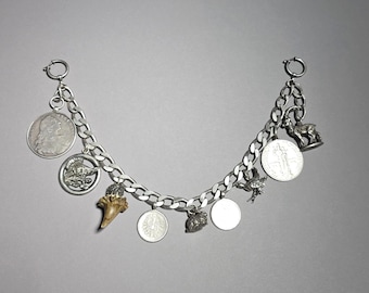 Antique Bavarian men's charivari made of 835 silver with Patrona Bavariae, Sautaler 1764, silver coins & hunting pendants |