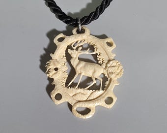 Antique Carved Bone Stag Necklace – Bavarian Trachten Jewelry circa 1900 I SR1553