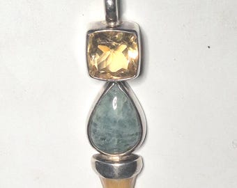 Pendant Citrine Aquamarine Shark Tooth Silver 925 Unique Piece 1138