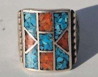 Vintage Zuni-style men's ring – sterling silver with turquoise and coral inlays, ring size 59