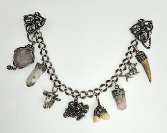 Antique ladies' charivari silver 835 with 8 pendants & 2 skirt pins – coin, rock crystal, garnets, amethyst Schmuckrausch Vintage 1826