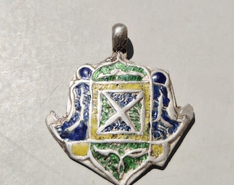 Rare Kennauri protective amulet with X motif • Himachal Pradesh • Enamel Blue Green Yellow • Silver • Tribal pendant I 1626