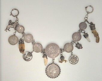 Men's Charivari 30 cm with 13 silver pendants – coin necklace, Ludwig II Vereinstaler 1870, rock crystal, Oktoberfest Schmuckrausch Vintage 791