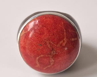 Large foam coral ring, round, 30 mm – 925 silver setting – statement ring handmade – Schmuckrausch Vintage 1792