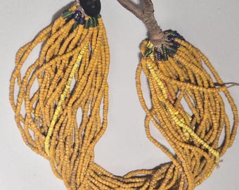 Antique seed bead necklace, 27 strands, made of European glass beads in yellow tones, ethnographic Himalayan jewelry, Schmuckrausch Vintage 0048