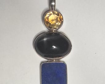 Pendant Lapis Lazuli Citrine Silver 925 Obsidian Unique Piece 1157