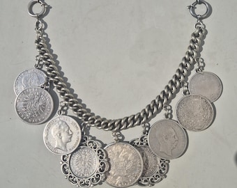 Antique men's charivari with 9 silver coins – 301g – Historical costume jewelry for vest, Oktoberfest, wedding