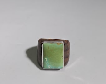 Turquoise Wood Ring, Macassar Ebony & 925 Sterling Silver, Vintage 2000s Statement Ring, Size EU 58 US 8.5 I SR1671