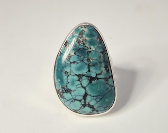 Large turquoise silver ring, ring size 55, cabochon, unique piece, vintage jewelry 0192