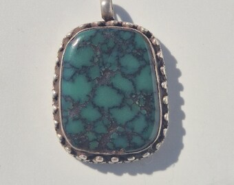 Tibetan pendant with rare, old dark green turquoise – handmade, 925 silver, acquired in Kathmandu 1992