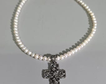 Vintage 835 Silver Rose Cross Pearl Necklace – Bavarian Trachten Oktoberfest Jewelry I SR0558