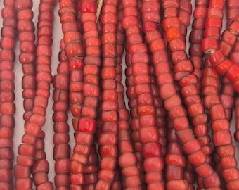 Antique Murano Whiteheart Glass Bead Strand, Dark Old Red, White Core, 62 cm, Historical Trade Beads, Jewelry Rush Vintage 0146
