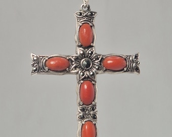 Antique silver cross with coral and marcasite, Art Nouveau pendant circa 1920, Schmuckrausch Vintage 1652