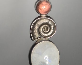 Rainbow Moonstone Pendant with Tourmaline & Ammonite | 925 Silver | Unique | White Labradorite | Boho Amulet | Tribal Spirit