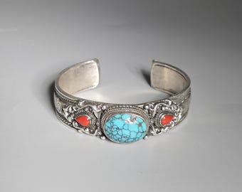 Tibetan Silver Bangle Turquoise Coral Spiderweb Vintage Cuff Tribal Spirit Gallery 0492