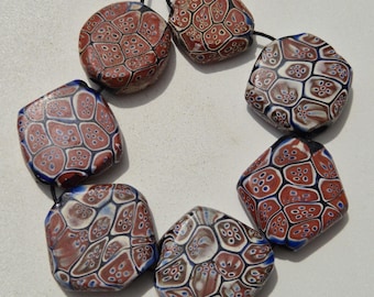 7 rare antique Murano Tabular Beads – rare hexagonal Millefiori glass beads in red & cobalt blue – 118g, trade beads up to 33mm