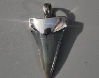 Mako shark tooth pendant – silver 925, fossil shark tooth South Carolina, blue-grey, 41 mm, 6.76 g, Tribal Spirit – Schmuckrausch Vintage