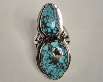 Navajo Ring Turquoise 925 Sterling Silver Tom Willeto Double Stone Spiderweb Matrix Size 55 Schmuckrausch Vintage 1495
