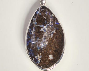 Boulder Opal Pendant, 925 Sterling Silver, Blue Play of Color, Handmade, Silvery Jewelry Rush, Vintage