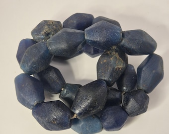 Antique Jatim glass beads, blue faceted, Java jewelry strand 0085
