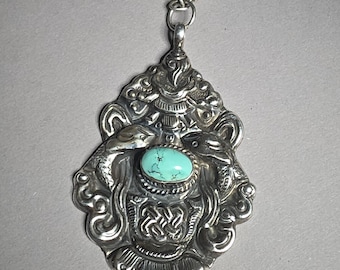 Vintage Turquoise Bead Necklace with Silver Pendant • Tibetan / Nepal Style Necklace • 925 Silver • 1980s • Schmuckrausch Vintage 0868