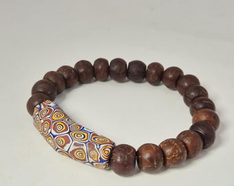 Rudraksha bracelet with antique Murano Millefiori elbow trade bead, rare, 21 cm, elastic, vintage, Schmuckrausch Vintage