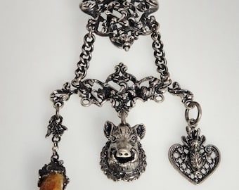 Vintage rock stud silver 835 HBB with gold topaz, wild boar & roebuck – traditional costume jewelry 1970/80s Schmuckrausch Vintage 1810