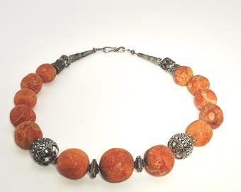 Vintage necklace with foam coral, 925 sterling silver, Bali granulation, 46 cm, Schmuckrausch Vintage 0112