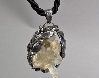 Antique rock crystal traditional necklace – 800 silver with oak leaves – German handwork I SR