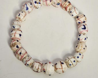 Antique Murano Trade Beads Bracelet, elastic, 19 cm, white, pink, blue, glass beads approx. 11 mm, rare trade beads, Schmuckrausch Vintage 0305