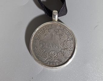 Antique pendant, 1 Mark 1874 silver coin, 925 silver, eyelet, traditional Bavarian jewelry, Oktoberfest jewelry, vintage, 1245