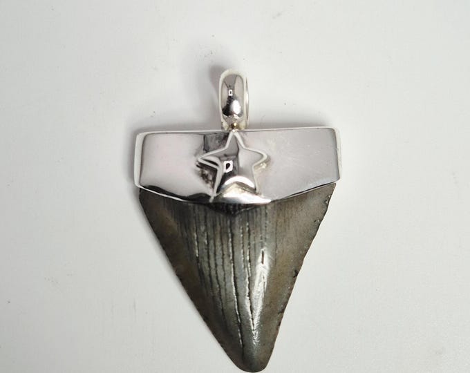 Featured listing image: Megalodon Tooth Pendant Fossil Shark Tooth Silver 925 South Carolina – Schmuckrausch Vintage 0175