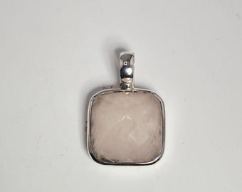 Milky rose quartz pendant, faceted, 925 silver, rectangular, Schmuckrausch Vintage 1601