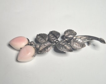 Art Nouveau brooch silver 835 – rose with angel skin coral blossoms, filigree handcraft