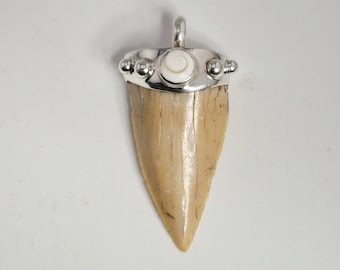 Fossil shark tooth pendant, 925 silver, Otodus with Shiva eye, Morocco, Schmuckrausch Vintage 0369