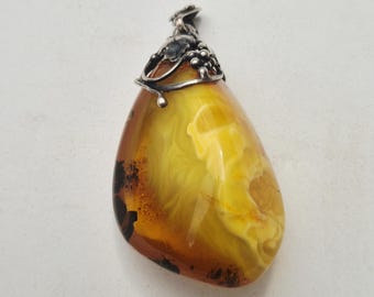 Art Nouveau Pendant with Amber Drops | Butterscotch & Honey | Silver | Leaves and Grapes | Handmade | ca. 1900 | 18.44g I 1453