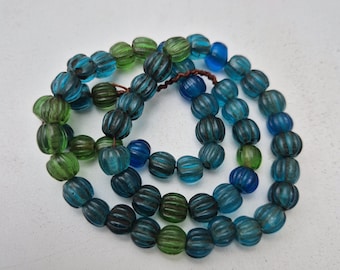 Antique Strand of Peking Glass Melon Beads | 55 Pieces | 50 cm | Blue-Green | Mae Sai 1991 | Hill Tribe Glass Beads | Rare & Historic (1371)