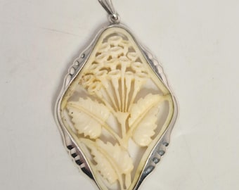 Art Nouveau pendant, 800 silver, carved bone, openwork floral design, maker's mark, Schmuckrausch Vintage 0120