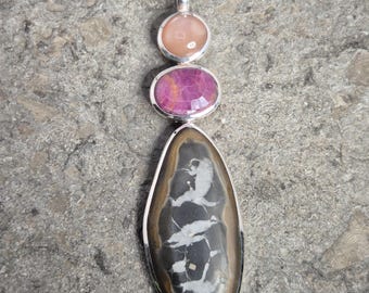 Silver pendant, moonstone, ruby, Septaria, unique piece, handmade, 925 sterling silver, vintage jewelry, 1048