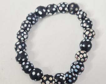 Antique Murano Eye Bead Bracelet, 20 Trade Beads, black with colorful eyes, elastic, approx. 21 cm, Schmuckrausch Vintage 1989