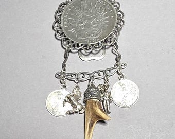 Antique ladies' skirt pin, 835 silver, with Madonna coin and 5 lucky charms – Dirndl, wedding, Oktoberfest – 55.2 g I SR1452