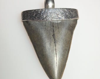 Fossilized Mako Shark Tooth Pendant – 925 Silver – Tribal Spirit – Hammered Finish – V-Shaped – South Carolina – 11.44g – Unique I 1702