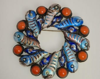 Large old silver brooch with coral and enamel – China export jewelry, Mediterranean coral, fish in a circle, jewelry rush vintage 1836