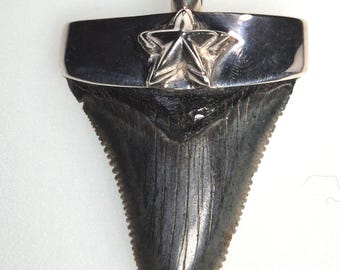 Megalodon Ancestor – Fossil Shark Tooth Pendant – Carcharocles angustidens – Silver 925 – Tribal Spirit – Star Decor – 46mm – Unique