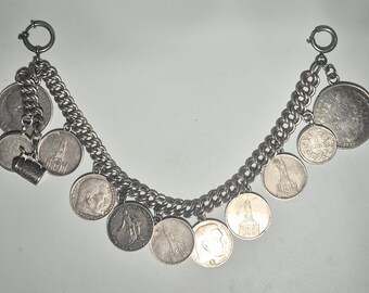 Antique coin charivari with silver beer mug – 12 pendants – 207g – Art Nouveau chain