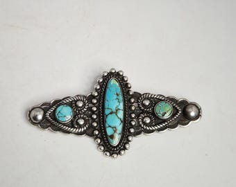 Antique Turquoise Brooch, USA Sterling Silver, circa 1935–1945, Native American Style, Schmuckrausch Vintage 0485