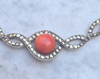 Art Nouveau necklace with coral and marcasites • Mediterranean coral orange-red • Movable pendant 10cm • Silver tested • 44cm I 1553