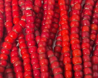 Antique Murano Whiteheart glass beads, strand, red and white core, over 60 cm, 4.5–5.5 mm, Schmuckrausch Vintage 0129