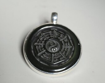 Yin Yang Bagua Obsidian Pendant 925 Silver Feng Shui I Ching Meditation Yoga Jewelry 39 mm Schmuckrausch Vintage 0587