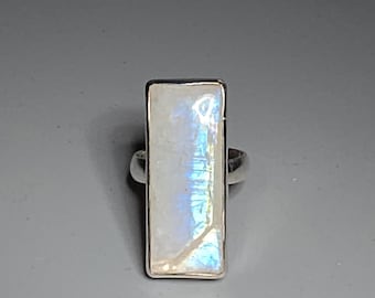 Rainbow moonstone ring, 925 silver, rectangular, size 55, Silvery Schmuckrausch Vintage 0108